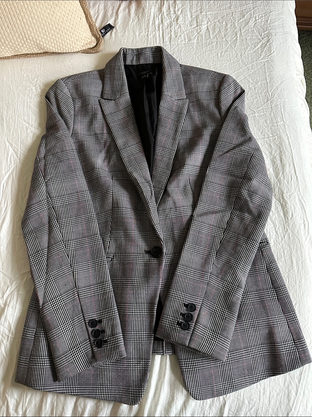 Ann Taylor Checked Blazer in Black and White with Pink Accent